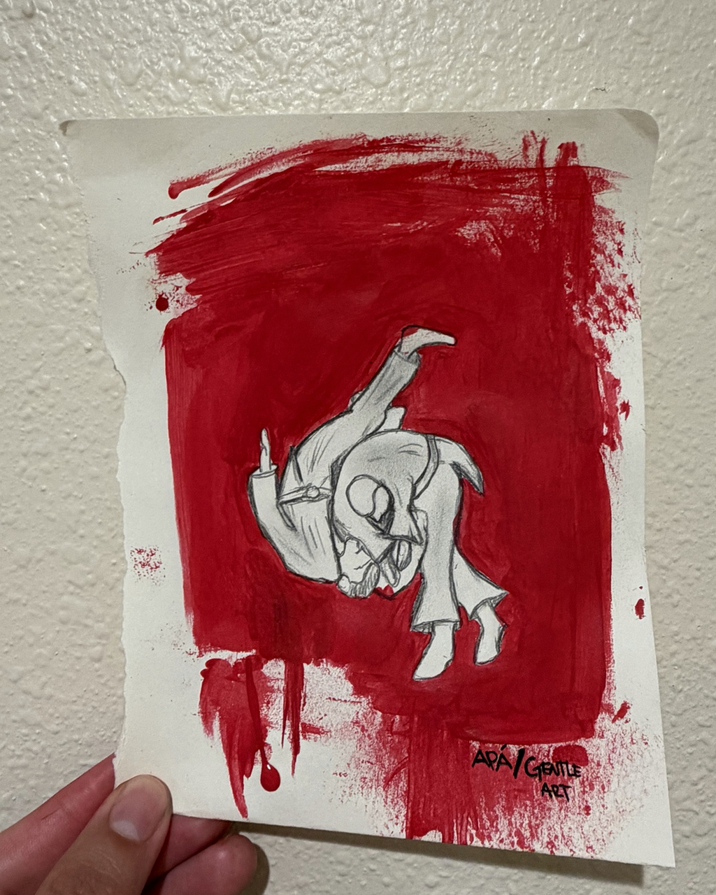 GENTLE ART original work on paper held by hand for scale