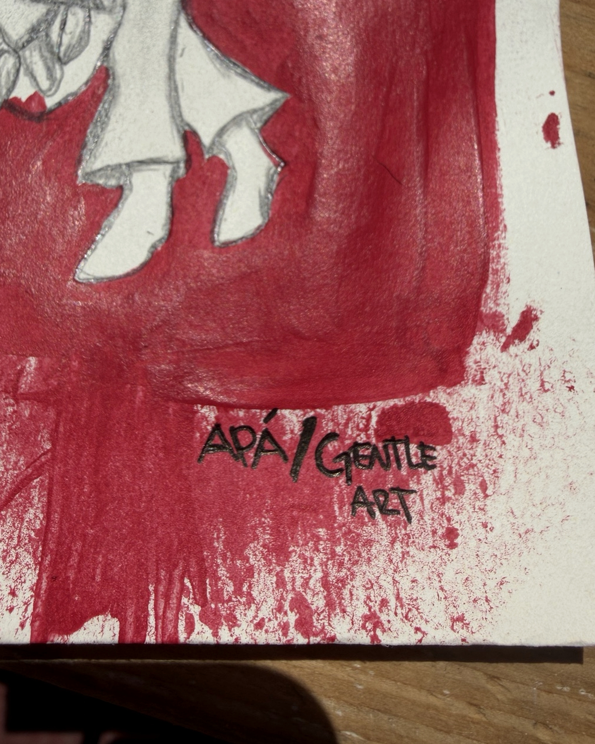 Detail of APÁ signature and red painted texture from GENTLE ART