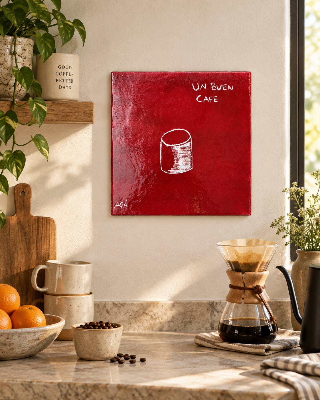 UN BUEN CAFÉ / CERÁMICA 01 shown in a warm kitchen coffee-bar setting